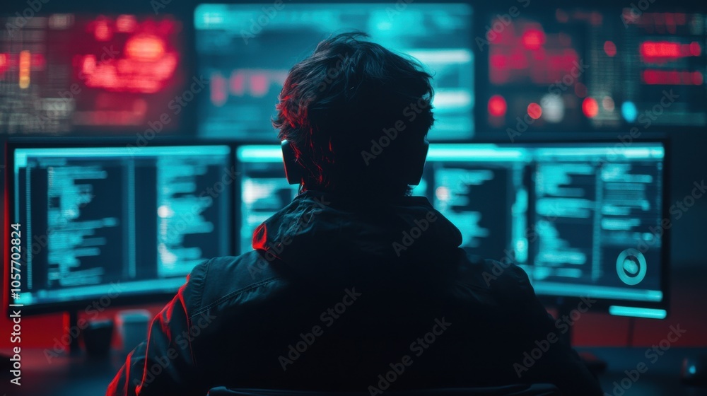 Poster hacker analyzing security breach opportunities