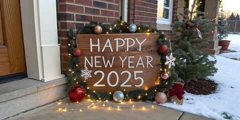 Happy New Year greeting card with text and christmas decorations. Vector illustration.