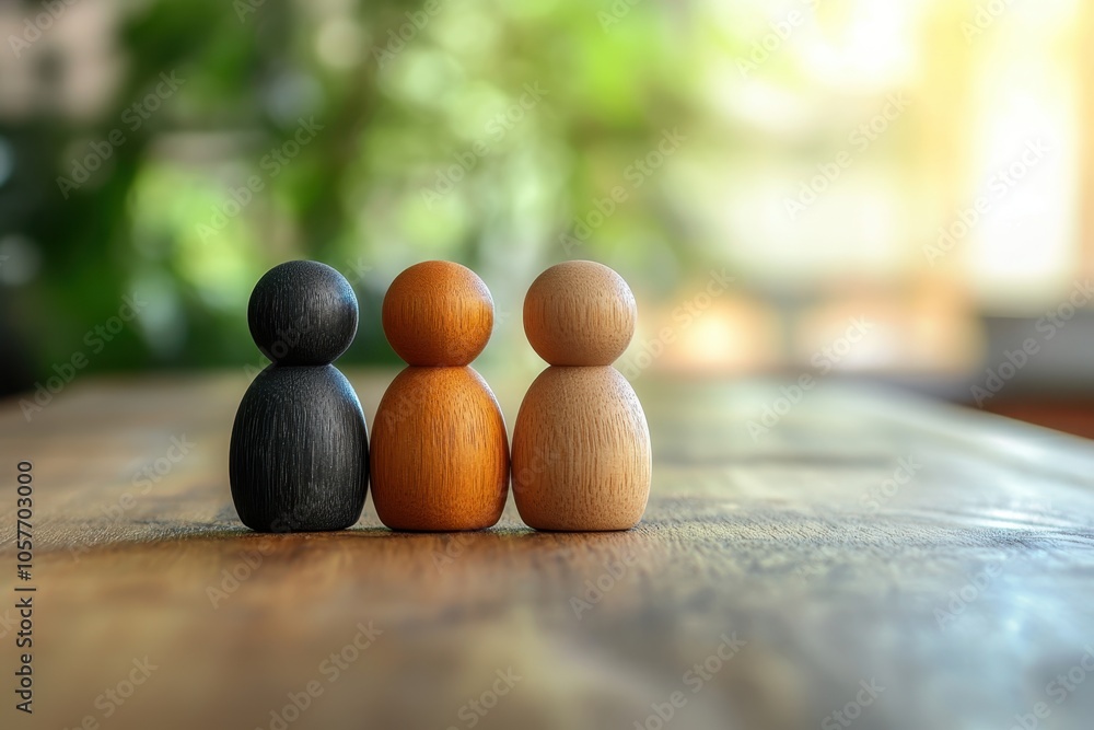 Aufkleber simple wooden figures in a row on a rustic table with soft sunlight in the background