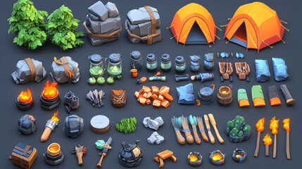 Low poly 3D camping and survival assets.
