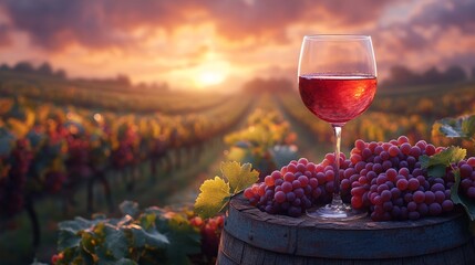 Glass of red wine and grapes resting on barrel in vineyard at sunset