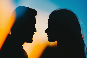 A couple stands close, sharing an intimate moment as they gaze deeply into each other's eyes, framed by the warm hues of sunset. The soft silhouettes create a romantic atmosphere. Generative AI
