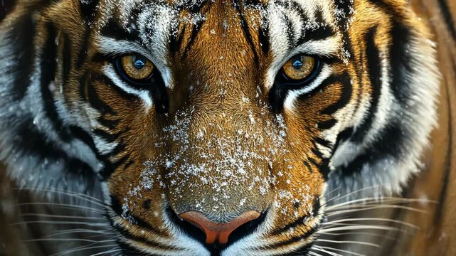 A tiger's face is covered in snow, its piercing amber eyes looking directly at the camera