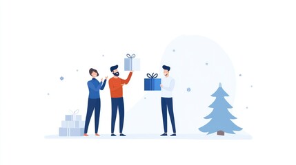 Holiday gift exchange with friends in a winter themed minimalist setting
