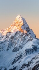 Majestic snow-capped mountain peak bathed in golden sunset light