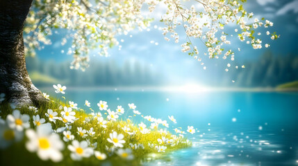 Tranquil springtime scene with a blooming tree, a lake, and wildflowers.
