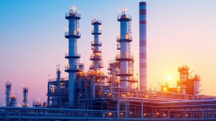 Large Oil Refinery with Complex Pipelines at Sunset