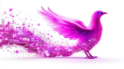 Obraz premium Fantasy pink bird with vibrant wings, symbolic of creativity and freedom, on a white isolate background.