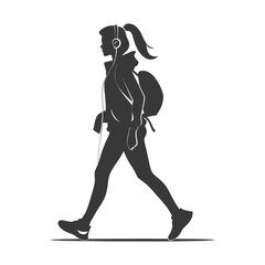 Fototapeta premium Silhouette of a Young Woman Walking with Headphones and a Backpack