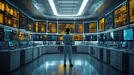 A man stands in a large control room with many screens displaying data.