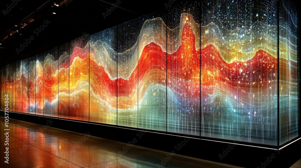 Poster a vibrant, abstract light installation featuring flowing waves of color and patterns.