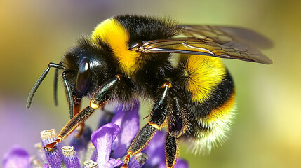 A bumble bee collects pollen from a purple flower.
