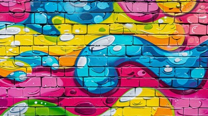 A vibrant colorful graffiti mural adorns a brick wall. Creative street art.