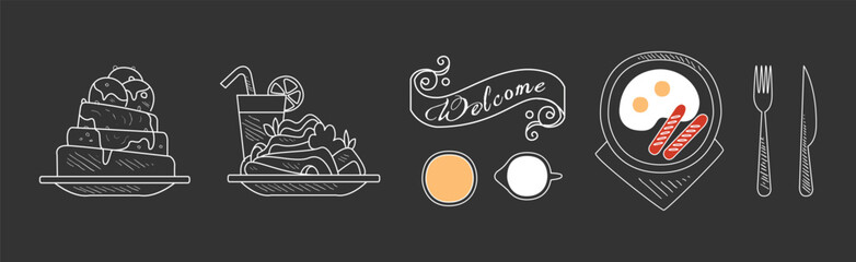 Lunch Meal Chalk Hand Drawn Food Vector Set