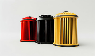 Three cylindrical trash cans in red, black, and yellow colors against a white background.