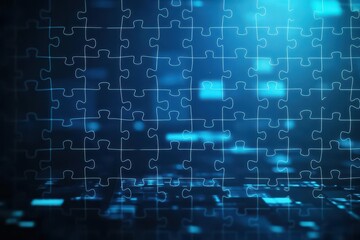 Fototapeta premium Digital puzzle structure, interconnected network, hightech blue tones, cyber concept