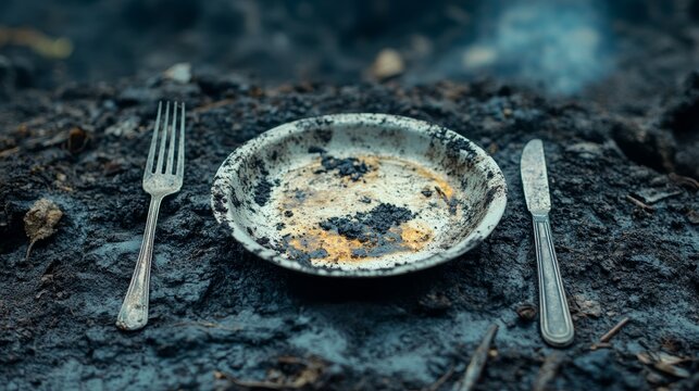 Dirty plate with fork and knife representing hunger and poverty