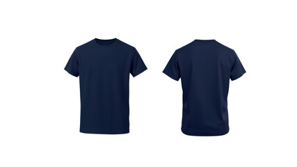 Crisp white background showcases sleek navy blue t-shirt mockup featuring clean front and back views. Generative AI