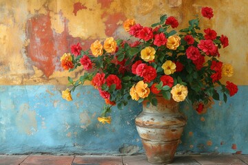 A Bouquet of Red and Yellow Roses in a Clay Pot Against a Weathered Wall