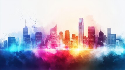 Dynamic city skyline glowing with electric energy, watercolor scene highlighting sustainable tech buildings