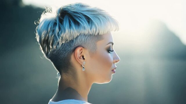 Stylish woman with blue hair and undercut, serene profile in natural light