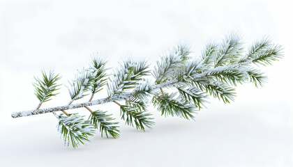 A single pine branch covered in frost, isolated on a white background.
