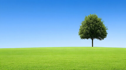 Obraz premium A single tree stands tall on a grassy field under a clear blue sky.