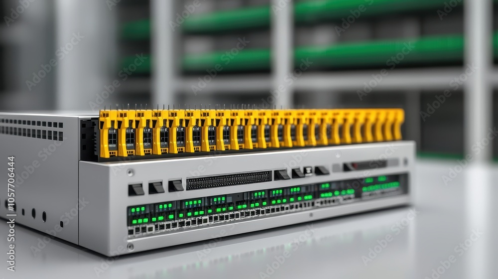 Poster advanced network switch with bright yellow ports and led indicators for high-speed data processing a