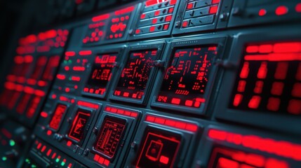 Futuristic control panel with red lights and digital interface displaying complex data