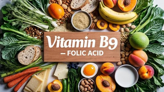 Various fresh food vegetables, fruits, with the sign inscription vitamin B9 Folic acid