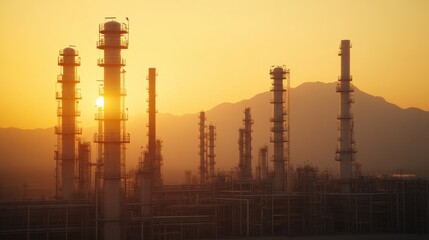 Obraz premium Sunset at Petrochemical Plant with Pipeline Network