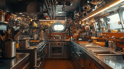 Modern Stainless Steel Ship Galley Kitchen Interior