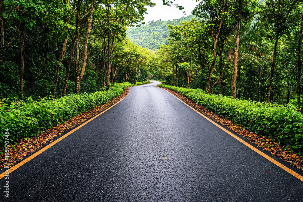 Poster road with trees on either side and a few bushes along the side. the road is wet and the trees are gr
