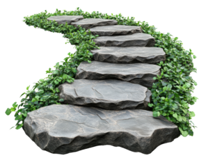 Curved stone pathway surrounded by lush green foliage, white isolated background.