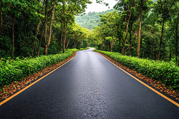 Obraz premium Road with trees on either side and a few bushes along the side. The road is wet and the trees are green