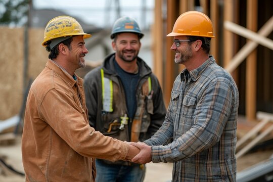 construction worker and contractor. Client shaking hands with team builder in the factory construction site, Generative AI