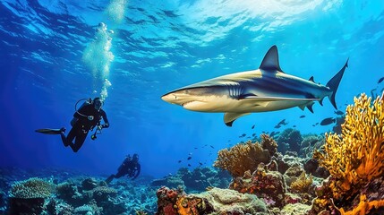 Fototapeta premium Divers Swimming Near Gentle Reef Shark
