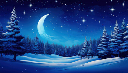 A night sky scene with large, shining stars and a crescent moon above a snow-dusted forest, creating a serene winter atmosphere.