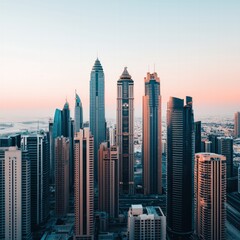Stunning skyline view of modern skyscrapers in a vibrant urban landscape at sunset