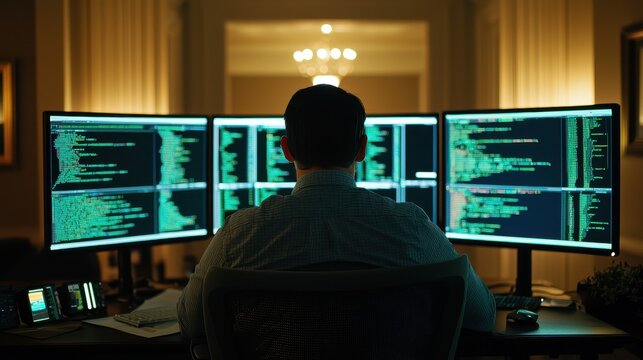 A programmer's realm exploring the depths of code and technology in a darkened workspace surrounded by multiple monitors