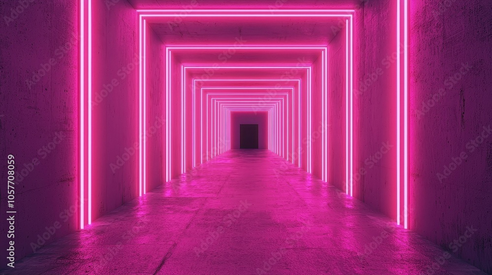 Poster illuminated path exploring the aesthetics of neon lights in an abstract tunnel design