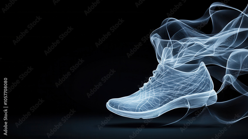 Poster digital illustration of flowing sneaker design with abstract lines, showcasing movement and energy. 