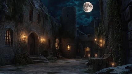 A medieval castle illuminated by moonlight, featuring stone walls and glowing lanterns.