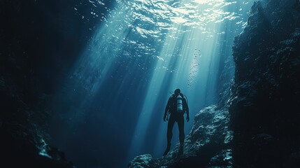Diver gazing up at light from beneath the ocean surface