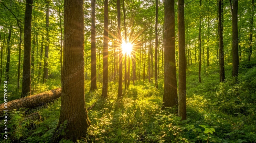 Poster a forest with a sun shining through the trees