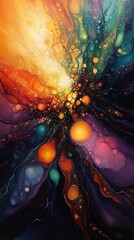 Obraz premium Vibrant circular shapes exploding from a dark black background with swirling colors flowing out from center .
