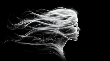 digital drawing of flowing white hair against black background, capturing serene profile. ethereal quality evokes sense of calm and beauty