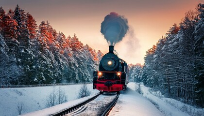 tren de vapor clásico que viaja por medio de un bosque en invierno con la luz del atardecer; conceptos de transporte y turismo ferroviario, viajes