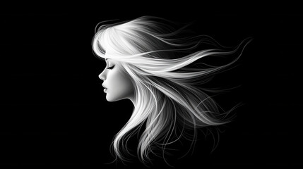 digital drawing of flowing white hair against black background, showcasing elegance and movement. artwork captures serene profile with intricate details