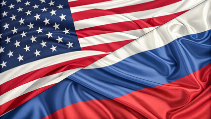 The American and Russian flags are shown intertwined, symbolizing the complex relationship and interactions between the two nations. The image conveys a theme of diplomacy and international relations.